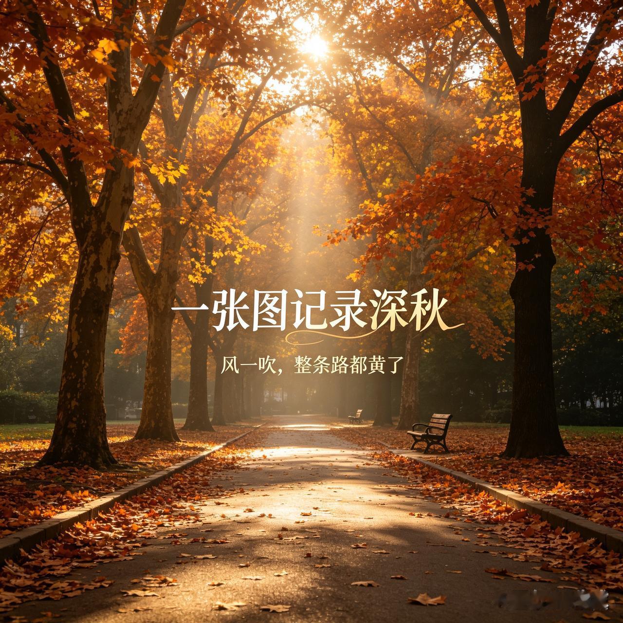 这一张照片，把深秋独有的氛围感定格下来。金黄的落叶铺满视野，柔和的阳光洒下来，不