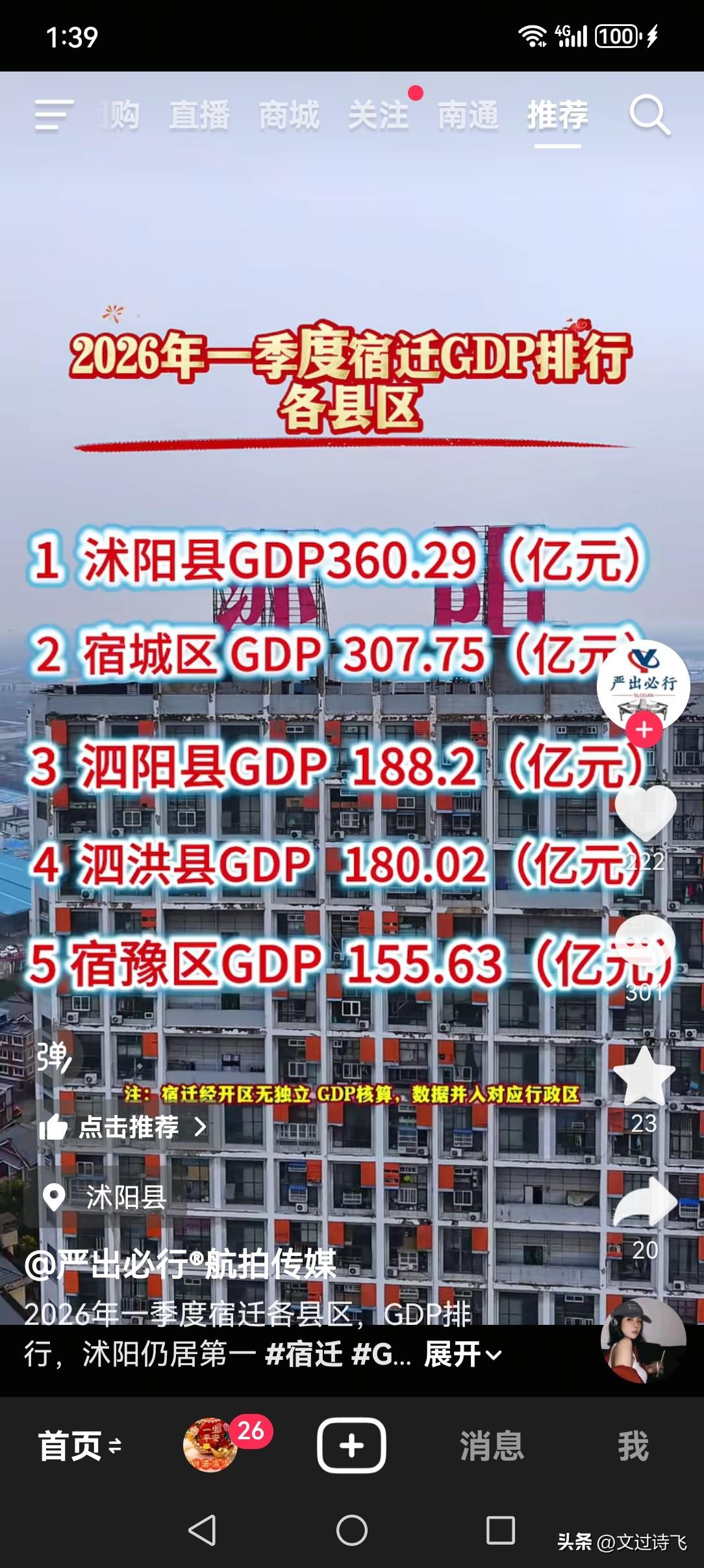 2026年宿迁市三县两区第一季度(Q1)人均GDP已出台，最高是宿城区，人均为3