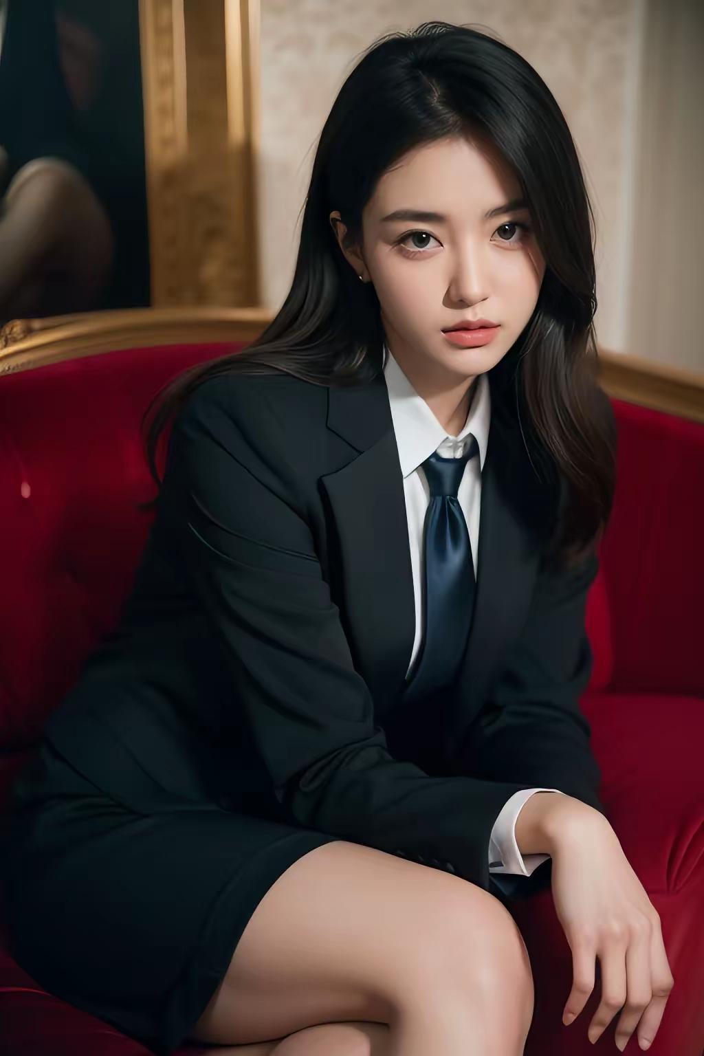 优雅职场风，黑西装搭配红沙发，尽显女性魅力！