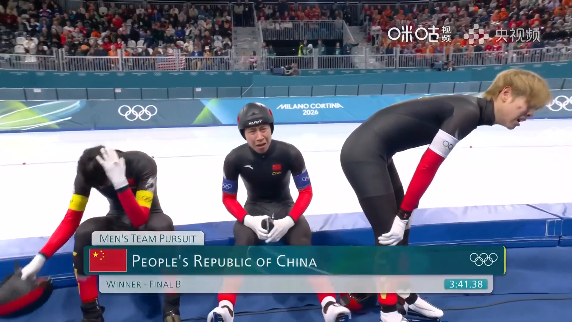 #速滑追逐中国男团战胜荷兰#米兰冬奥会速度滑冰男子团体追逐铜牌赛，刘瀚彬、宁忠岩