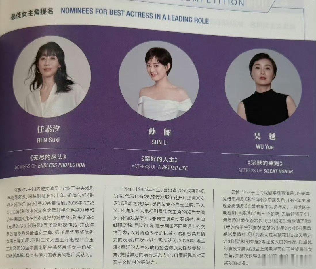白玉兰场刊电视剧电影有奖的都写上了，只有杨幂和杨紫两个人没有奖