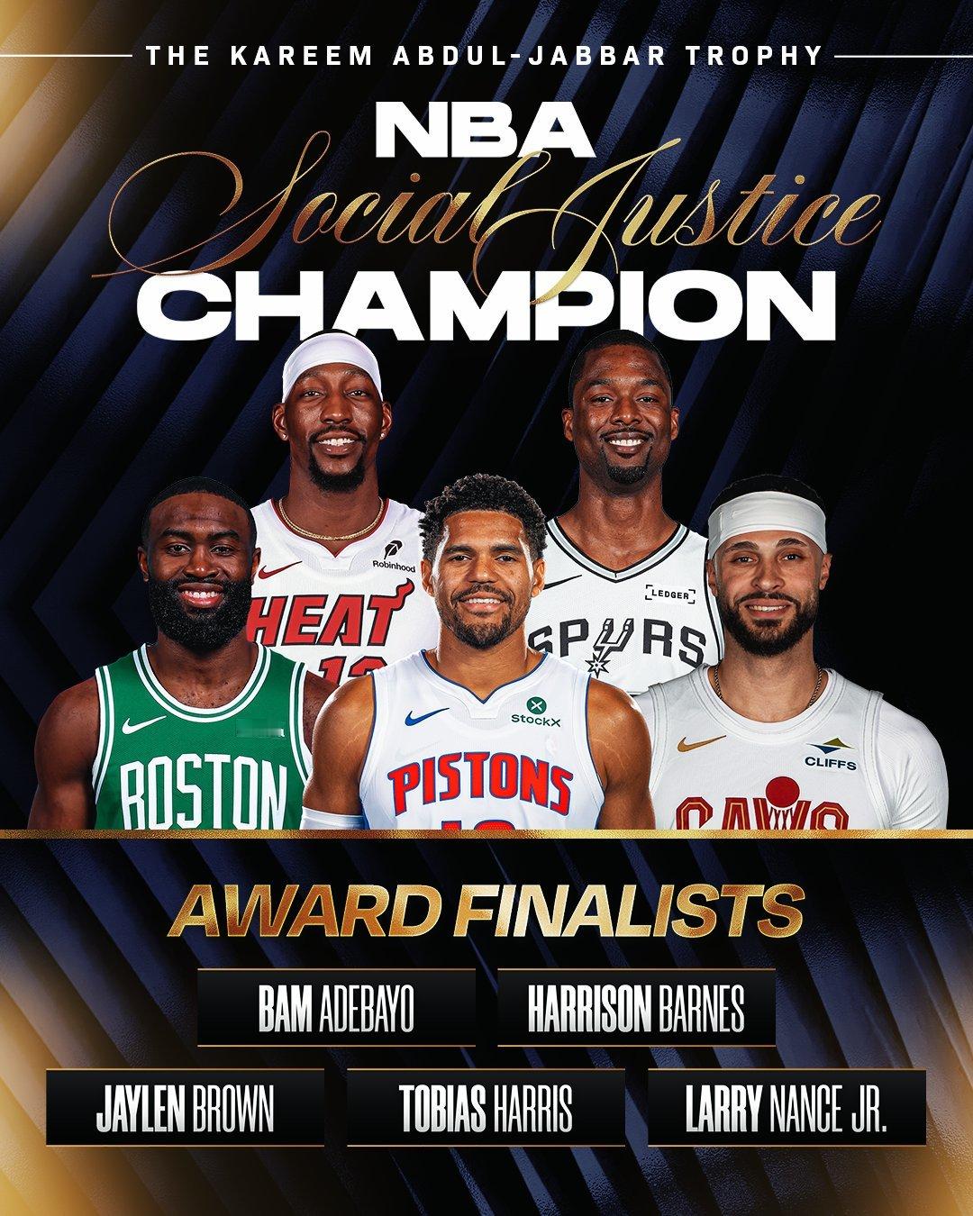 NBA社会正义冠军奖最终候选人，阿德巴约、巴恩斯、布朗、哈里斯、小南斯。NBA各