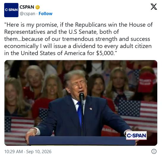 为了中期选举，特朗普宣布：只要共和党赢，就给美国人发5000美元
 
特朗普在9