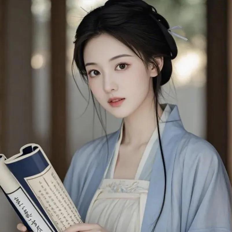 古风少女手捧古籍，优雅动人，仿佛穿越时空的美丽。书卷如故人 墨风汉服美女 书卷少