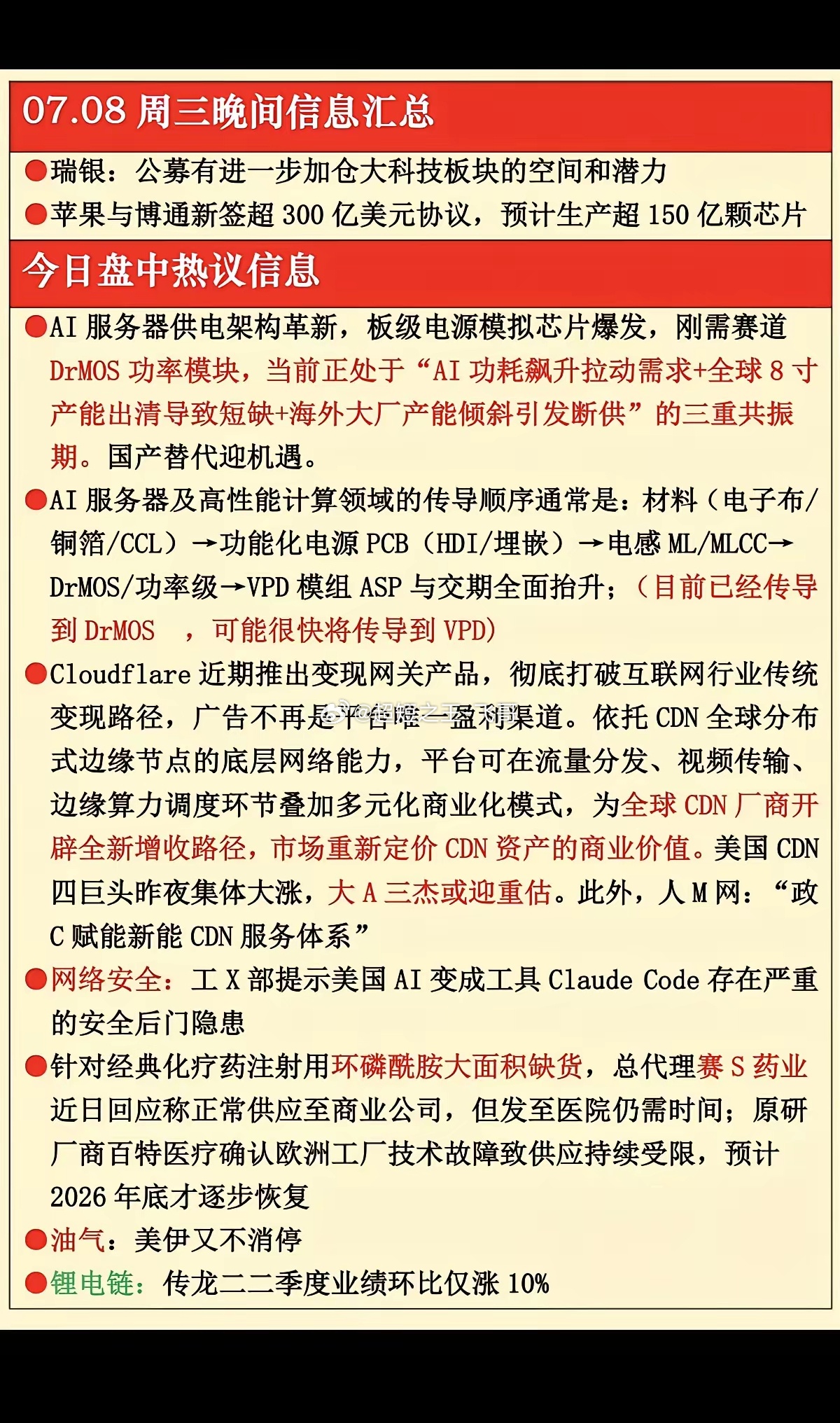 7.08周三  晚间财经信息汇总！1.功率模块，AI服务器2.网络安全3.环磷烯
