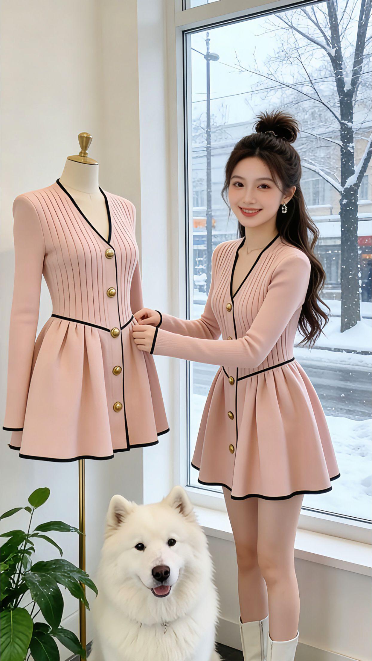 整理模特时被问爆的粉裙！Danny身上这件小香风连衣裙太懂秋冬了，V领撞黑边设计