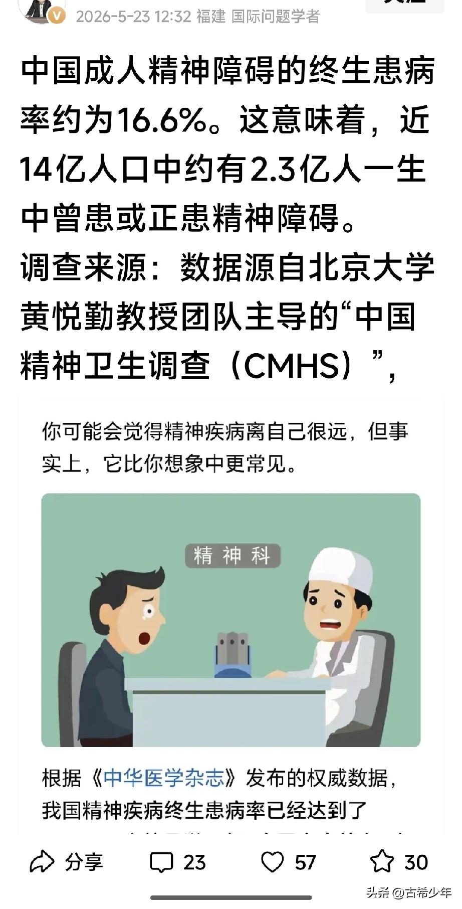 10个人中就有一个精神障碍者？

这会不会是夸大其词危言耸听？

老夫看了数据，