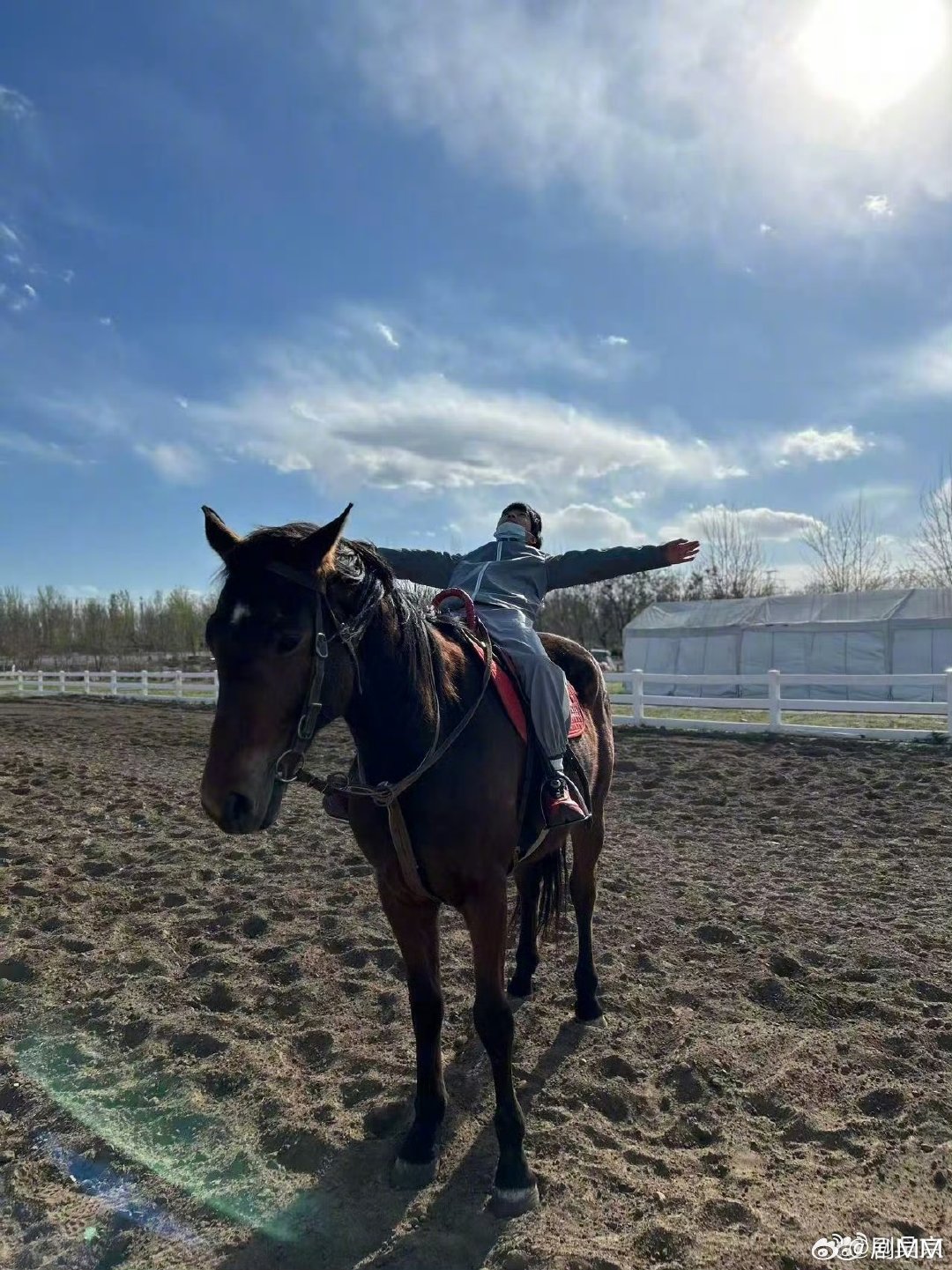 吴京和两个儿子骑马吴京晒两个儿子近照吴京晒两个儿子近照，儿子给小马起的名字，满是