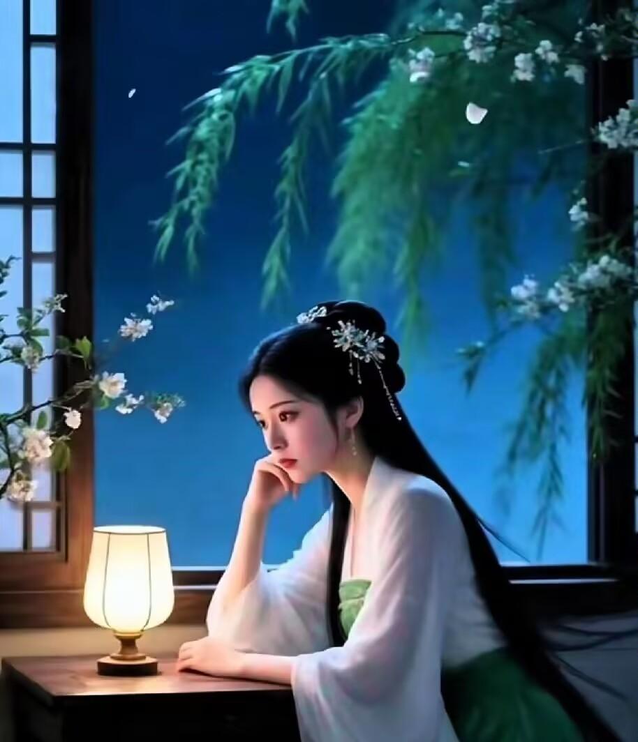 天净沙·闺中情思
纤手托腮神凝，
脸红含韵情萦。
柳系姻缘梦冷。
空闺灯映，
为