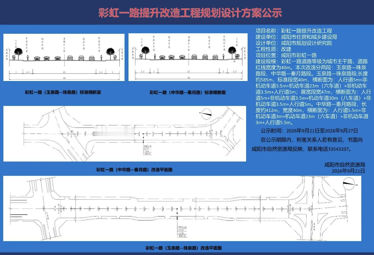 彩虹一路即将迎来改造。
1.改造主要路段：玉泉路一珠泉路段、中华路一秦月路段两部