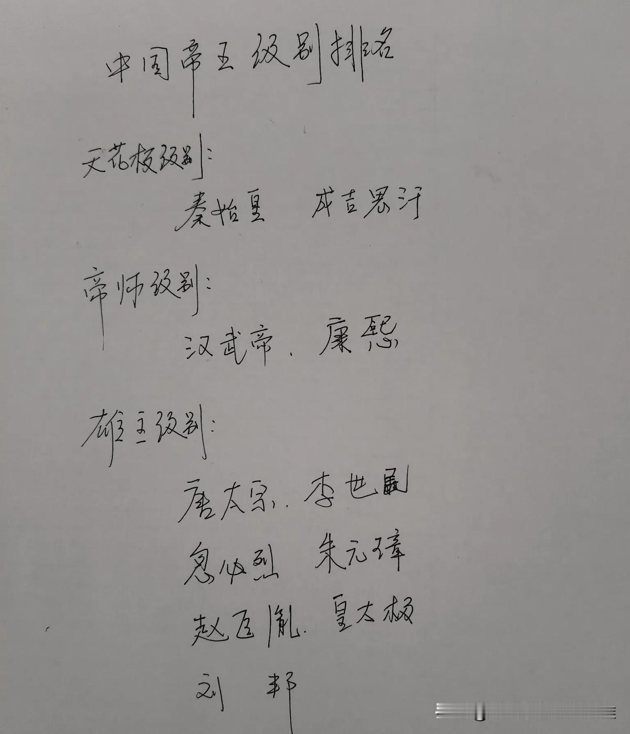 中国帝王级别排名。

秦始皇排名榜首，这是无可争议的，千古一帝，这不是谁封的，而