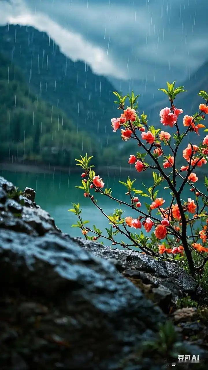 上联：花红㓎细雨；

（图片来自网络）