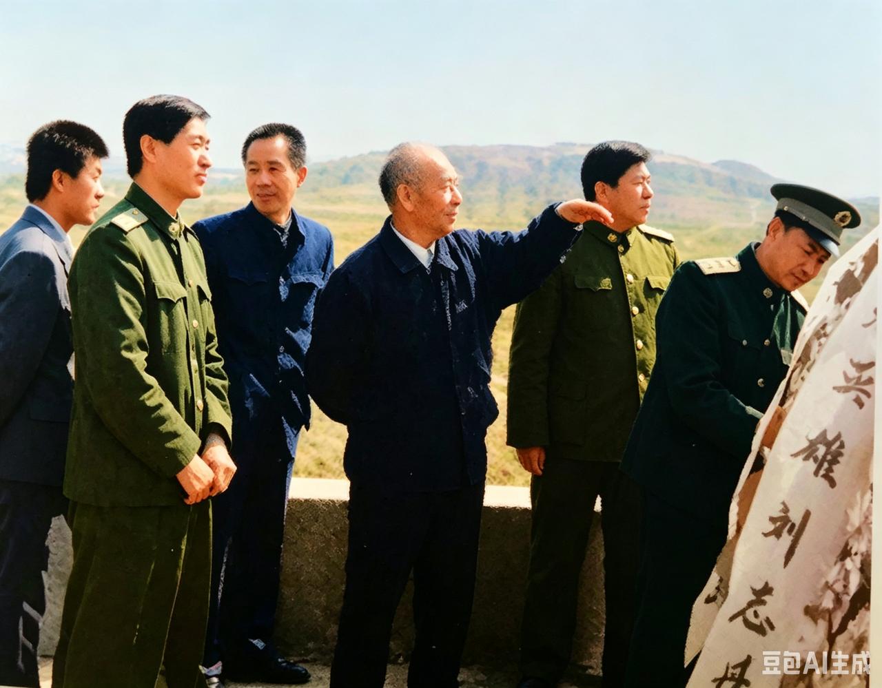 1999年春，
开国少将裴周玉重返当年战地。
此照片中居c位，
未穿军装的的老者