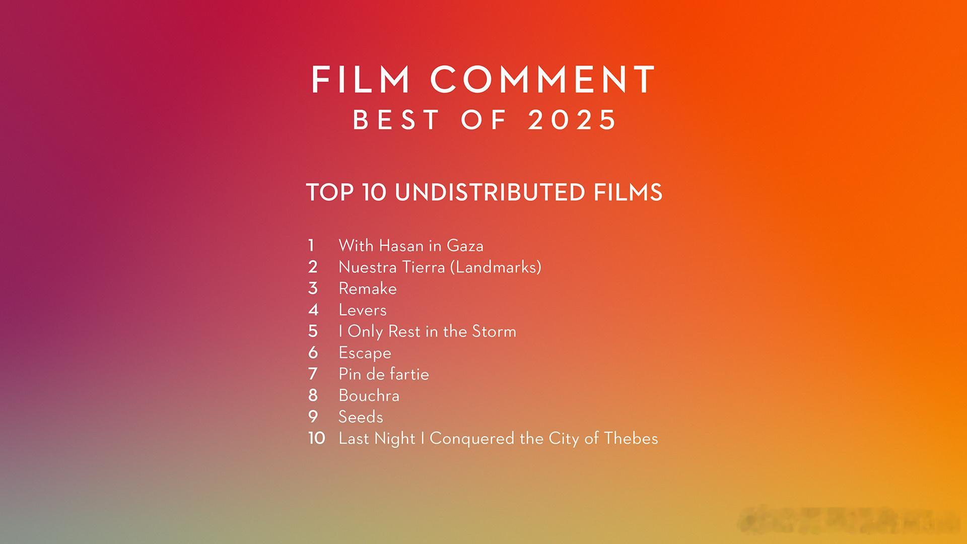 Film Comment评选2025年未发行的十佳电影：1. 《哈桑在加沙》2.