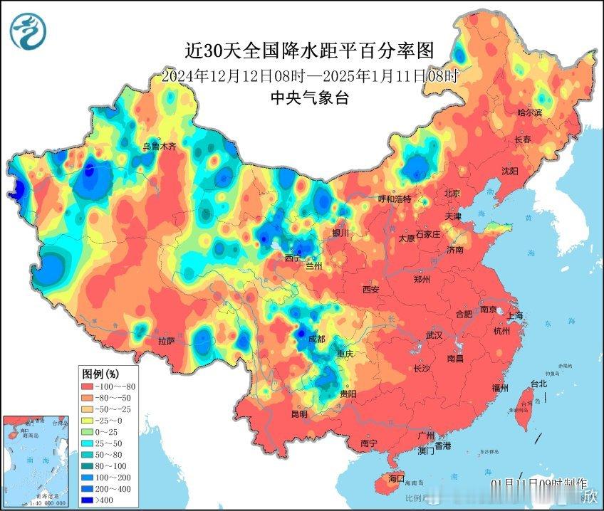 【干燥】最近一个月以来，我国中东部多地降水大幅偏少80-100%。从省区市平均相