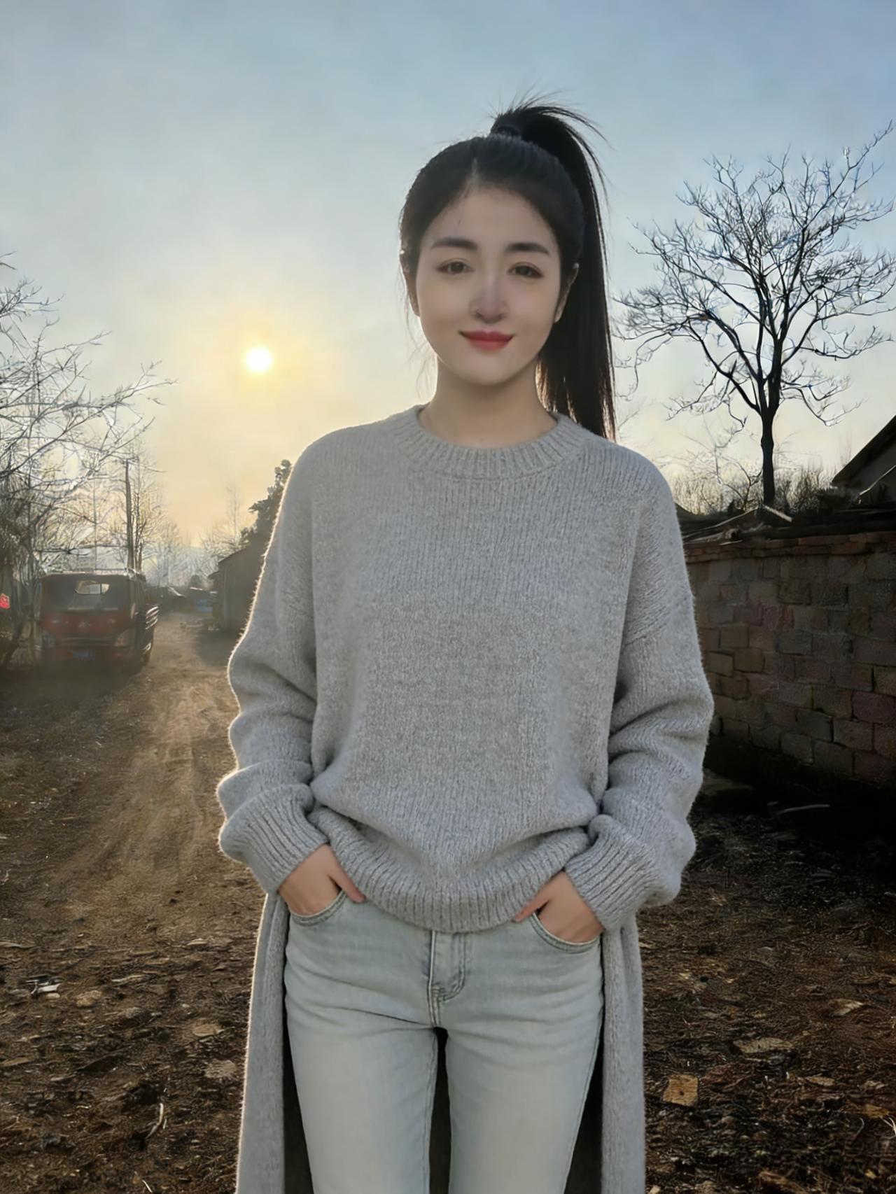 素衫迎晓日，黑发拂清风。
独立村头路，晴光映面红。