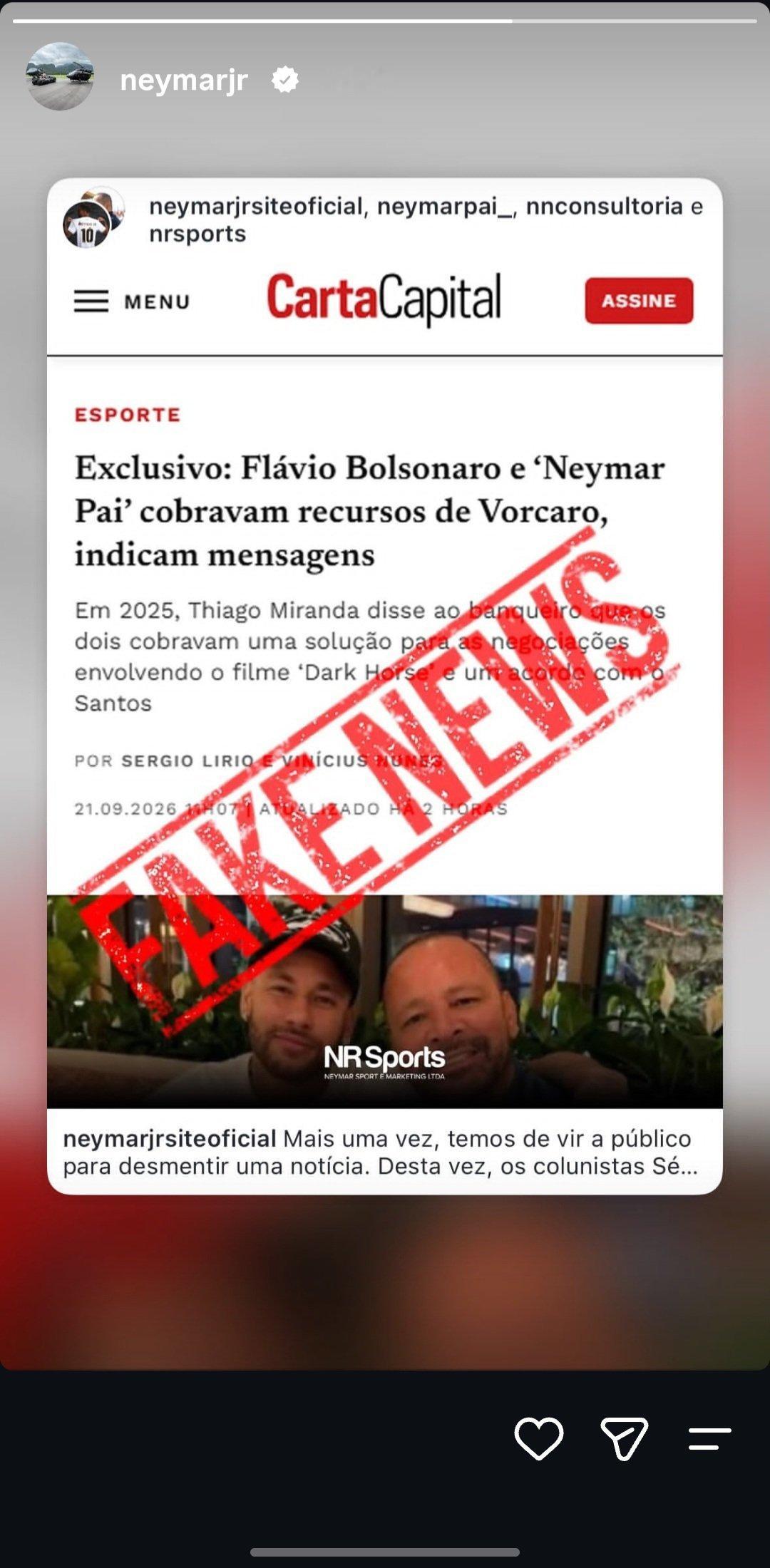 neymar[超话] 内马尔社媒转发辟谣！针对媒体关于内马尔父亲相关资金纠纷的报
