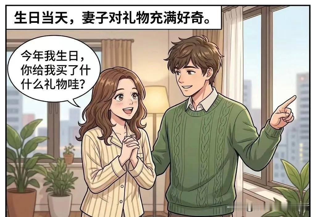 趣味漫画：妻子问我:“今年我生日，你给我买了什么礼物哇?”我笑着往对面一指:“看