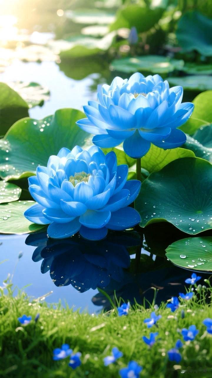 四月，蓝莲映水，夏意成诗，眸里，两朵蓝莲，是池塘写给人间的信笺，水波吻过花瓣，碎