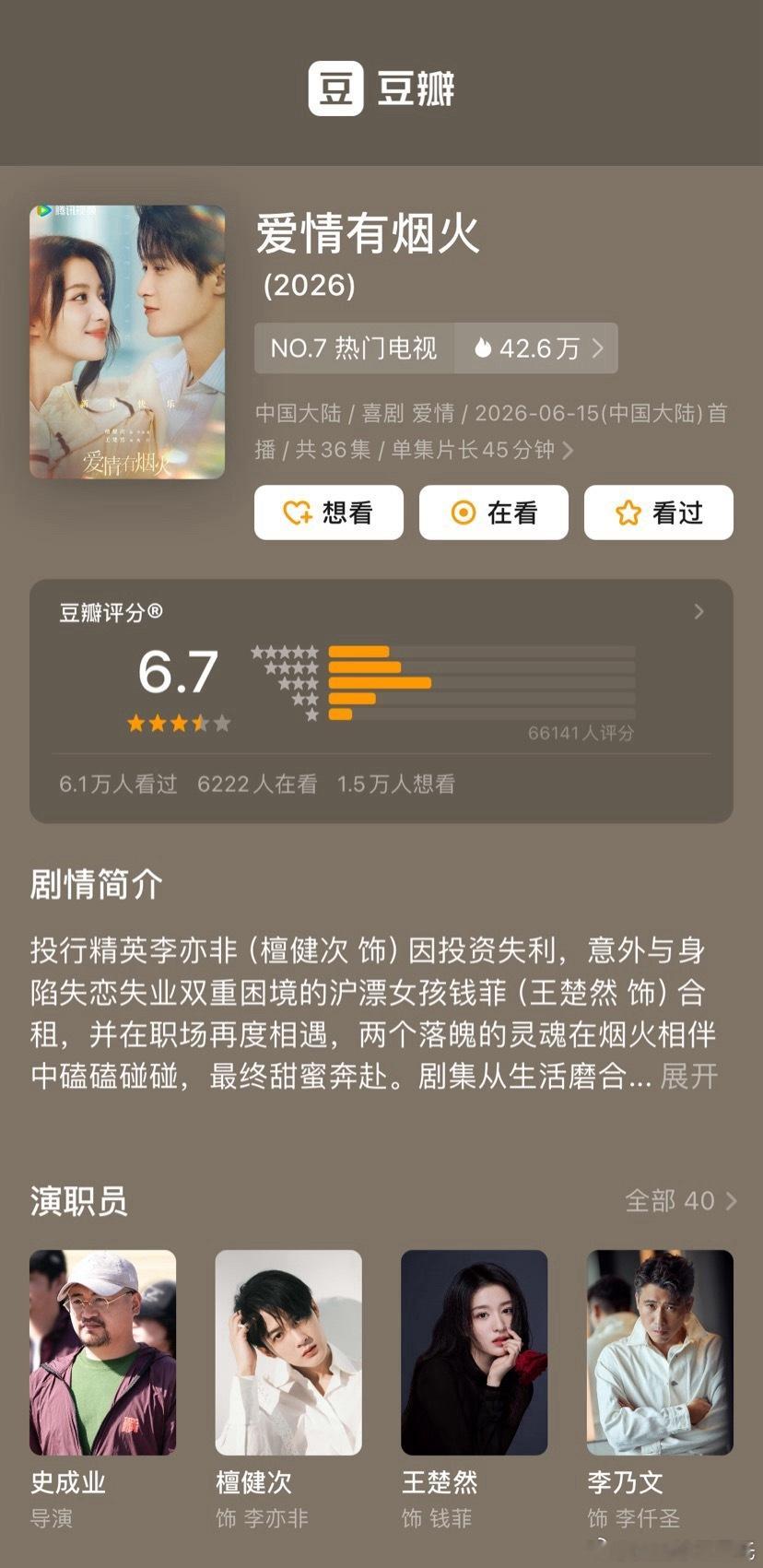 檀健次、王楚然爱情有烟火豆瓣开分6.7 ，评分人数6.6万，三⭐️占比最高33.