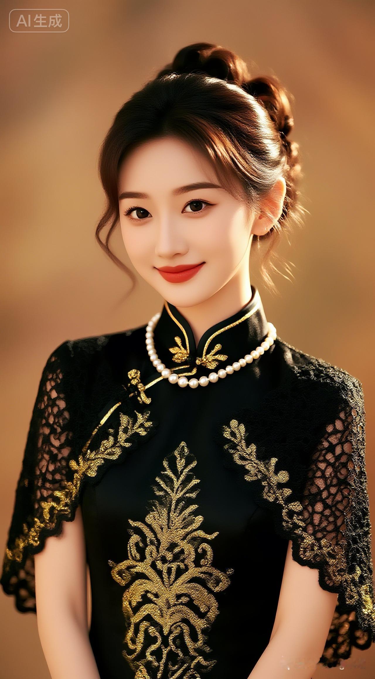 优雅黑裙，金丝刺绣，珍珠项链，气质非凡