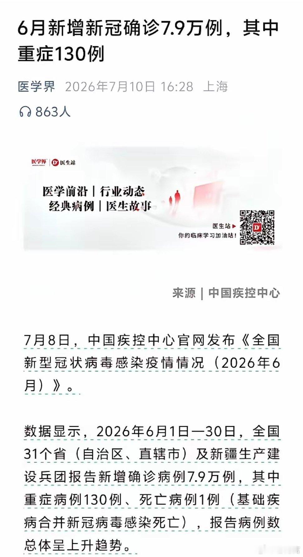 新冠中疾控刚更新6月疫情监测月报， 全国哨点医院上报新增新冠确诊合计7.9万例。