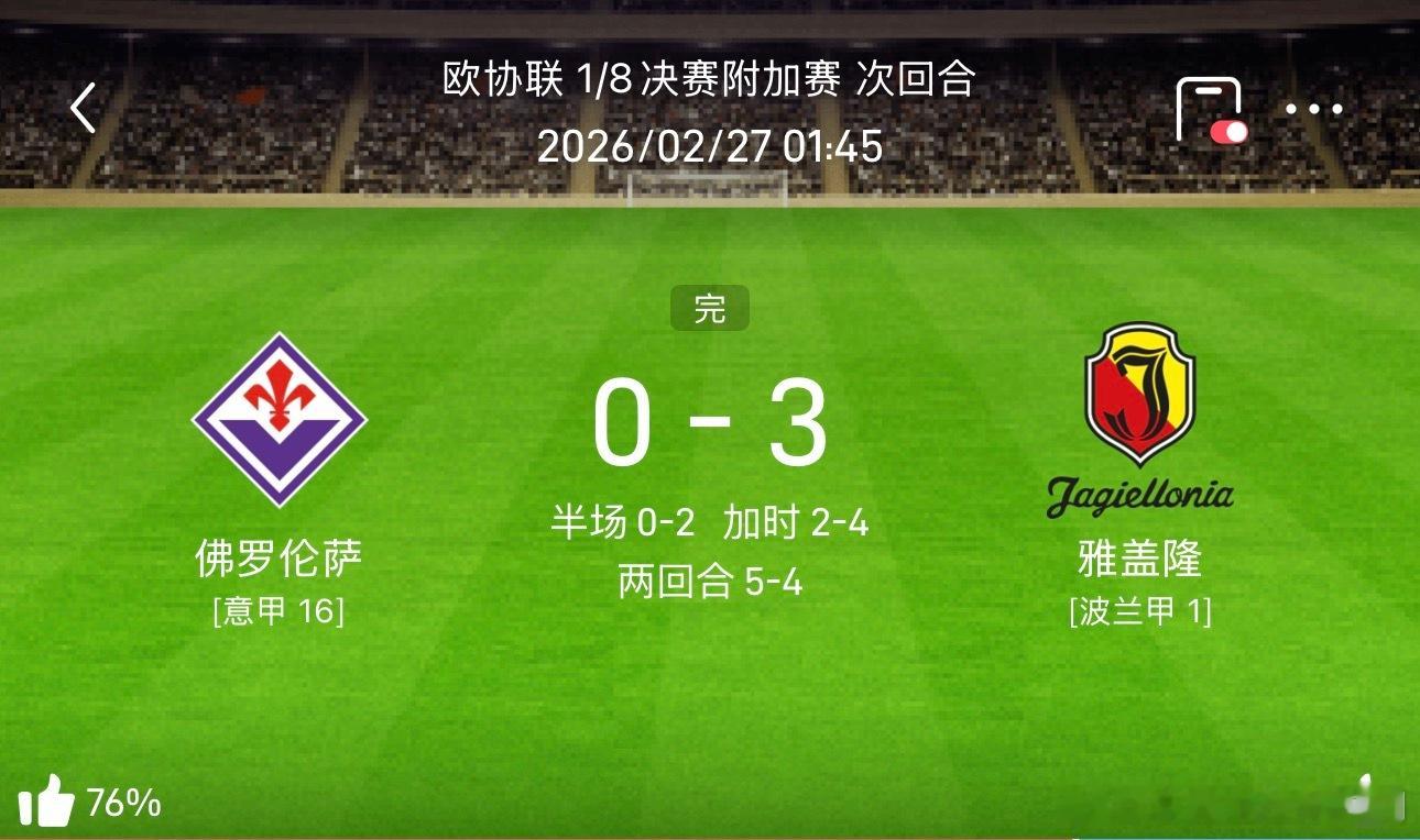我认定为2026年最故意的选手，佛罗伦萨。非要 0-3输给雅盖隆，然后进入加时才