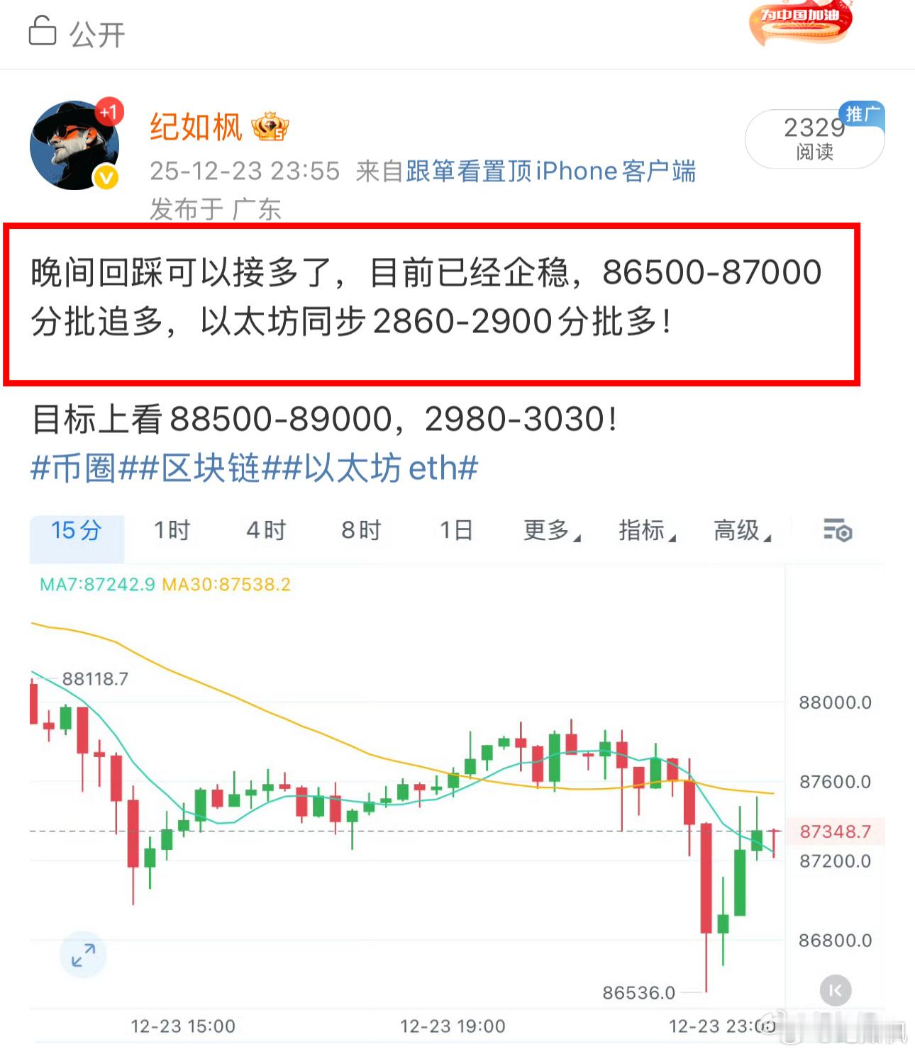 昨晚多箪，大饼凌晨抵达88300二饼触及2987。昨晚没接到的刚刚回踩也给到机会
