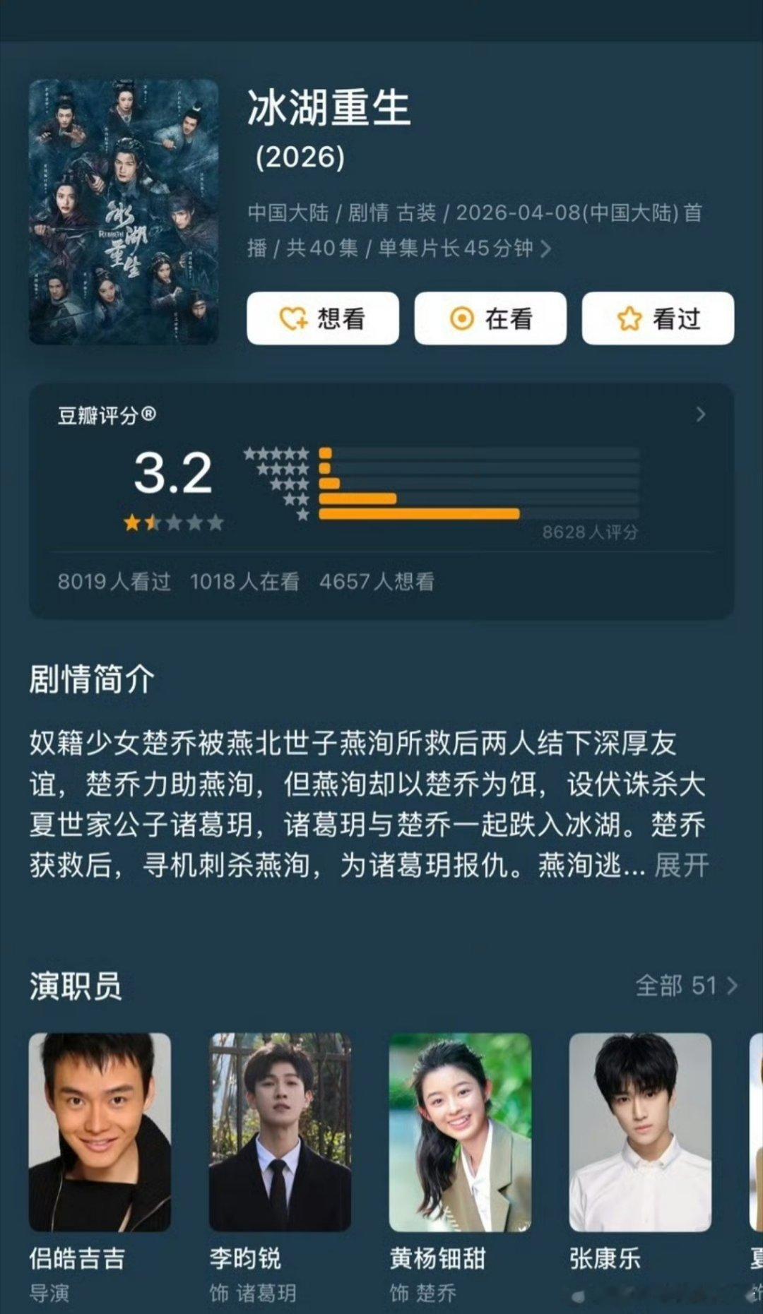 李昀锐、黄杨钿甜、张康乐冰湖重生豆瓣开分3.2，怎么低成这样