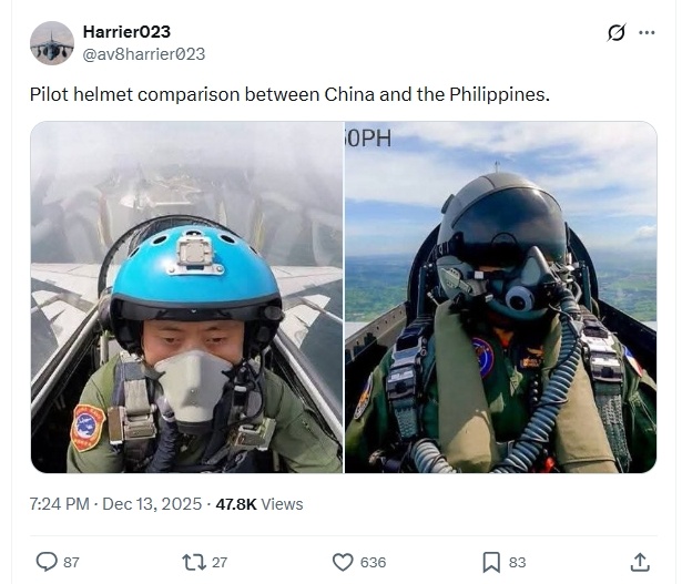 一个菲律宾人发的，中国歼15飞行员头盔与菲律宾FA-59飞行员头盔，言外之意菲律