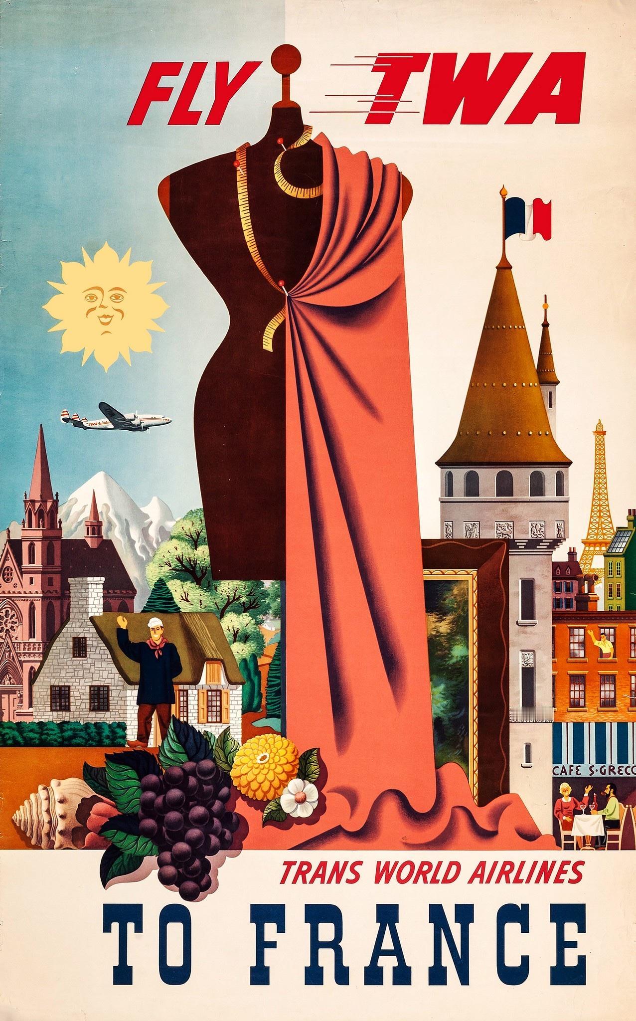 复古航空海报速览

这是一张1950年代环球航空公司（TWA）的经典法国旅行海报