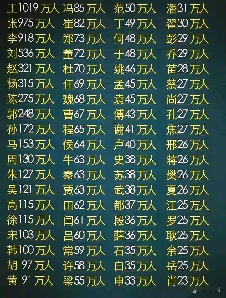 河南省百家姓人口排名

2024年，河南9815万人，姓氏排名：
1、王姓，10