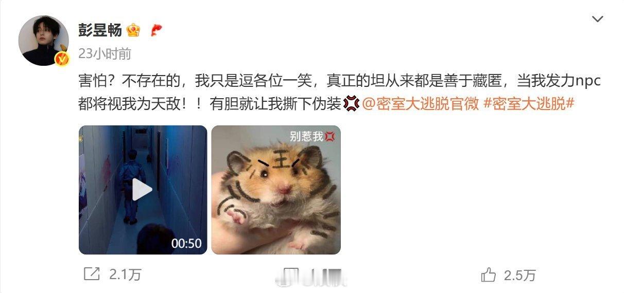 彭昱畅鼠假虎威被npc吓飞哈哈哈哈太可爱啦！彭昱畅密室npc只需轻轻出手，彭彭直