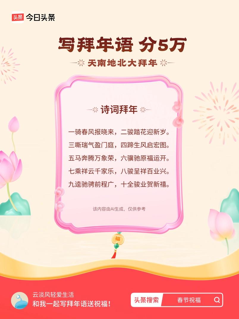 写拜年语送祝福新春拜年送祝福！我的祝福是：“一骑春风报晓来，二骏踏花迎新岁。三嘶
