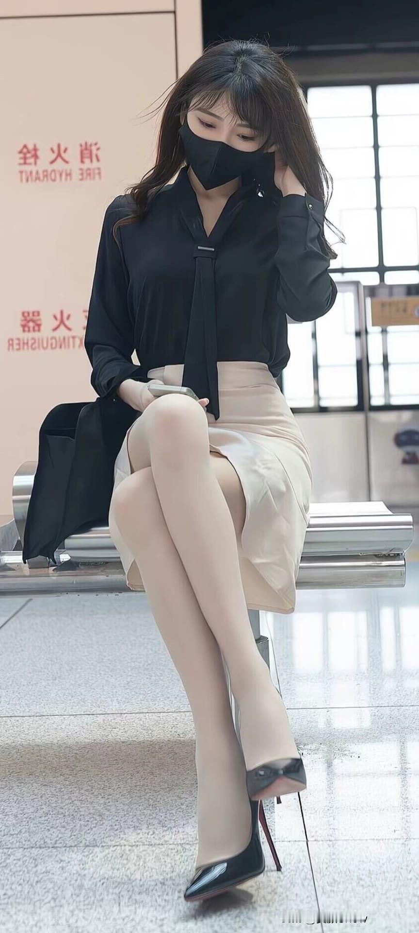 都市时尚女郎，黑色衬衫搭配米色短裙，优雅气质，黑白高跟鞋，完美穿搭！时尚穿搭 日