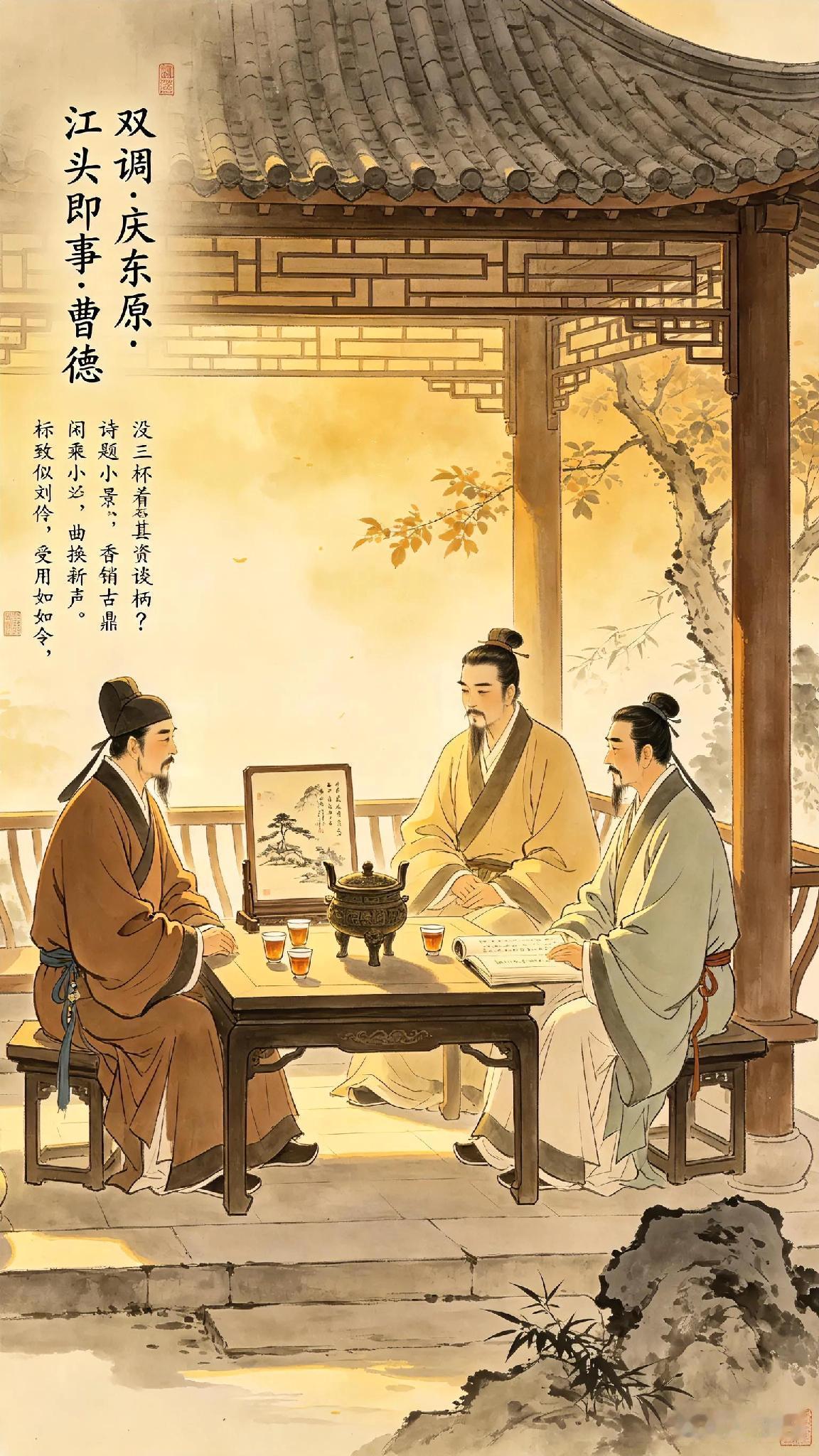 《双调》庆东原、江头即事、曹德。
闲乘兴，
过小亭，
没三杯着甚资谈柄?
诗题小