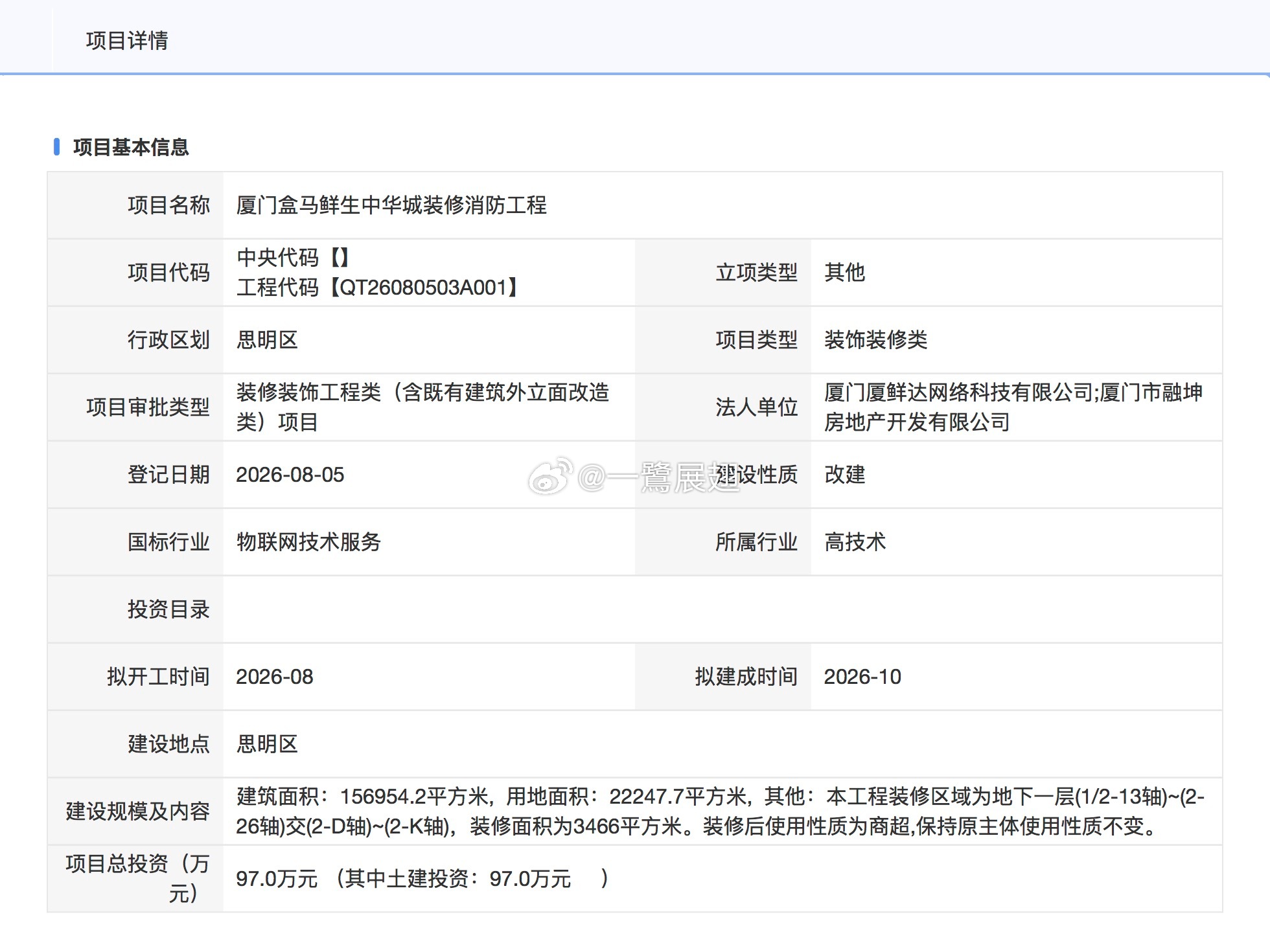 厦门商业 3466㎡的盒马中华城店装修消防工程报备。 厦门·家乐福(中华城店)
