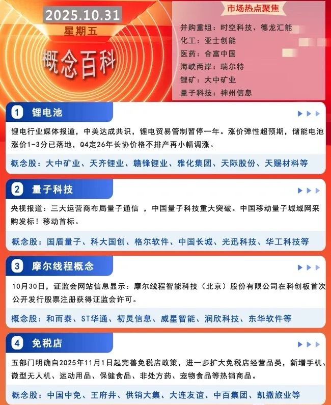10月31日市场核心消息与概念股参考 重点产业及政策动态1. 锂电池：中美达成共