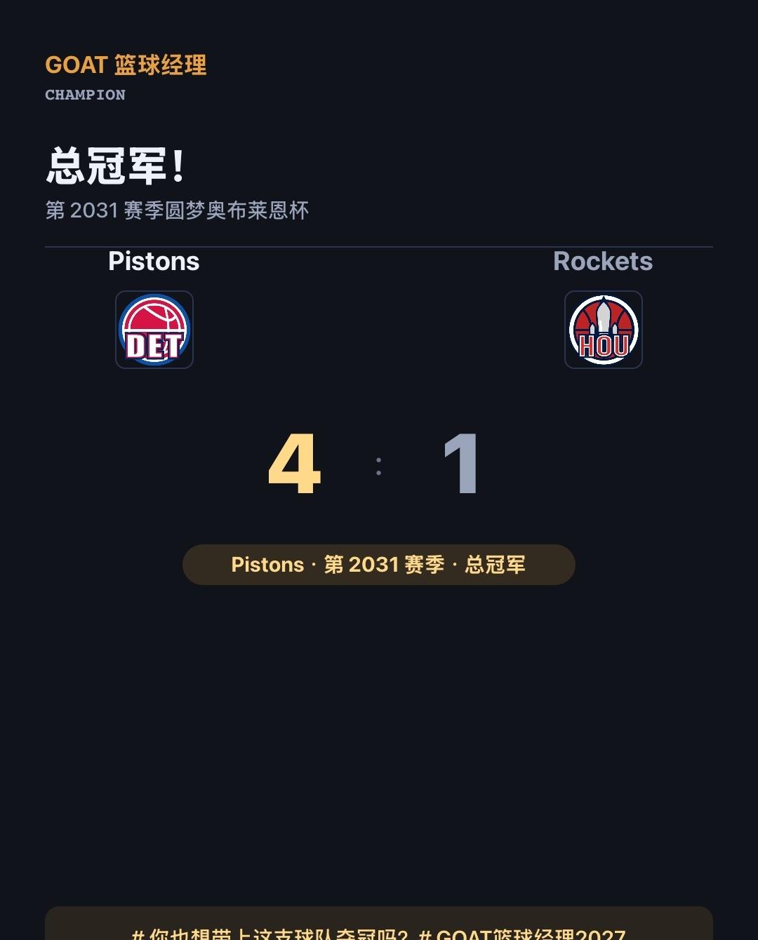 冠军！Pistons 总决赛 4-1 击败 Rockets
第 2031 赛季，