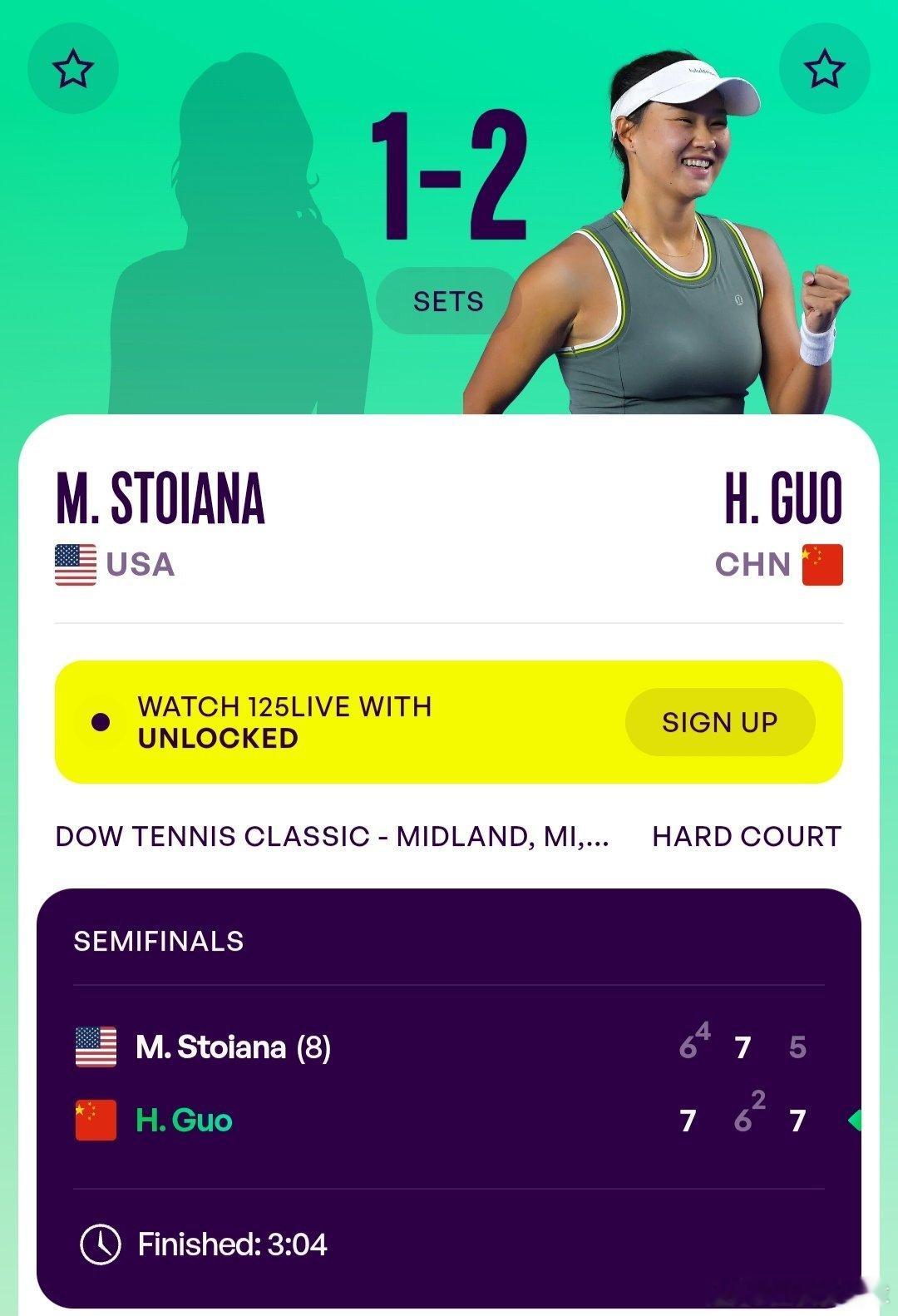 WTA125米德兰站🇺🇸女单半决赛郭涵煜🇨🇳7-6(4)/6-7(2)/