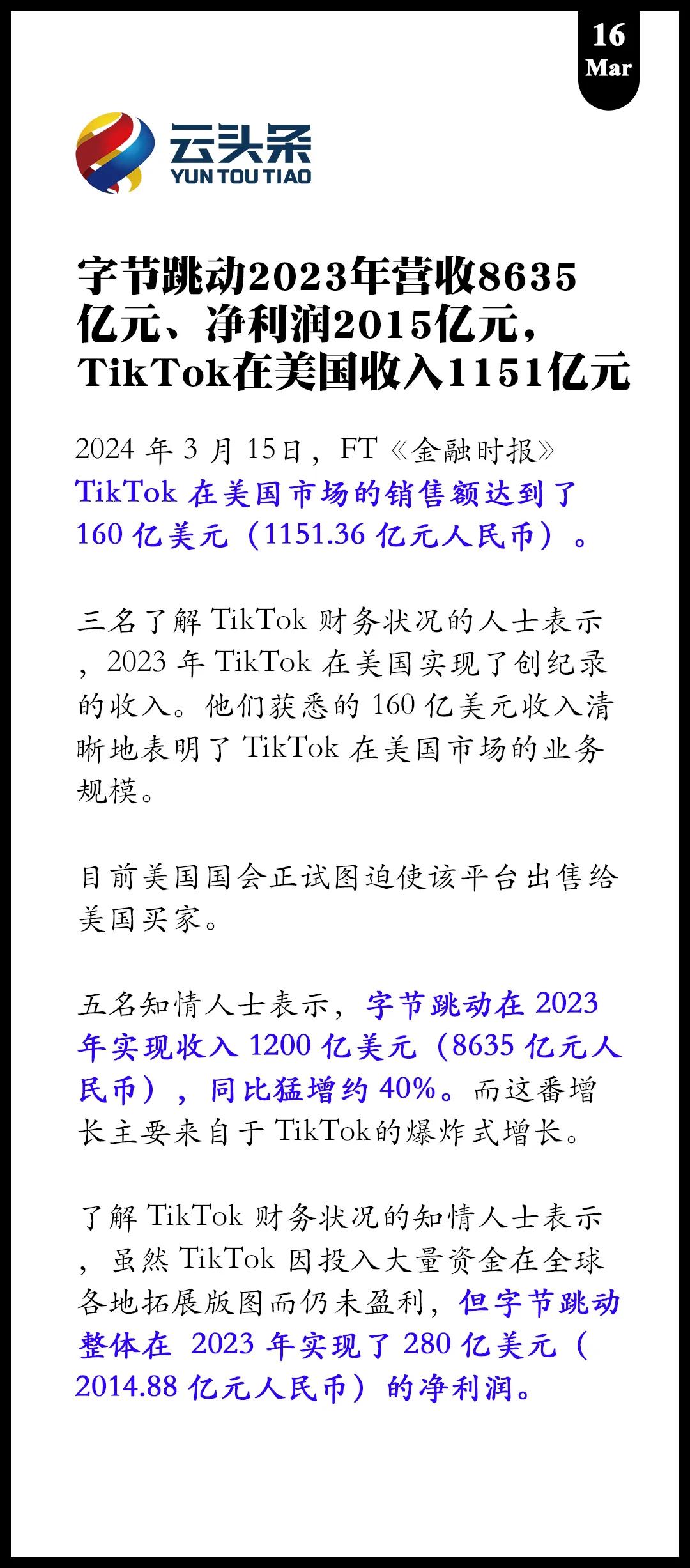 字节跳动 2023 年营收 8635 亿元
净利润 2015 亿元
TikTok