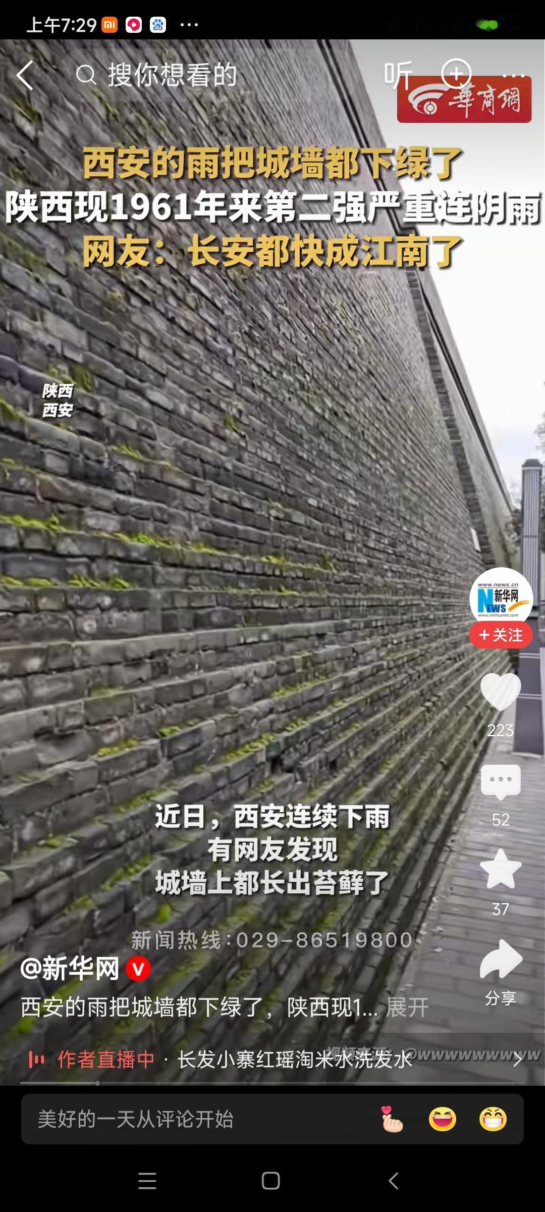《雨后西安城墙》
西安细雨落城墙，
绿染砖纹岁月长。
滴碎檐声春未央，
一城烟色