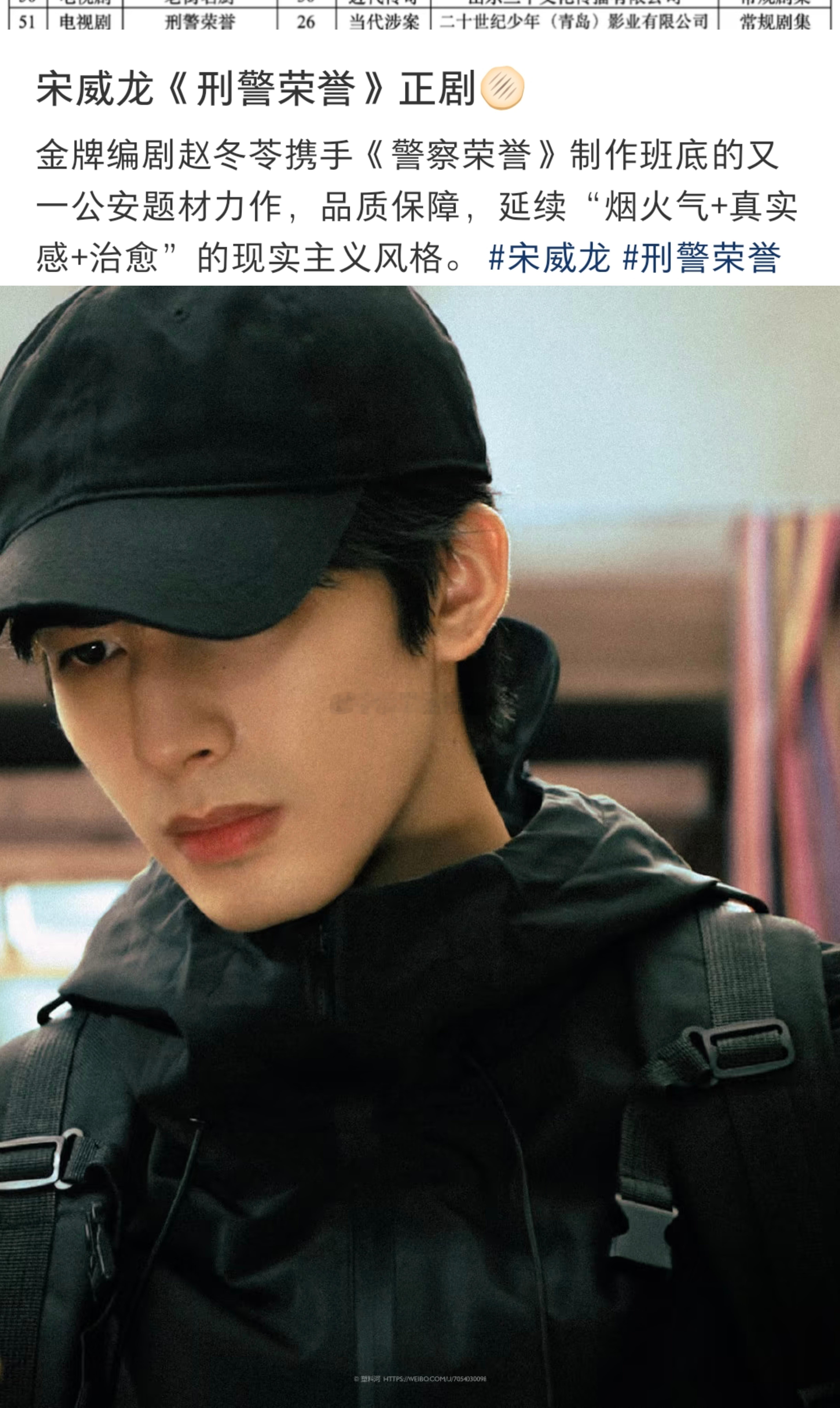 瓜主曝:宋威龙将出演《刑警荣誉》，编剧是赵冬苓，班底是之前警察荣誉的班底，正剧大