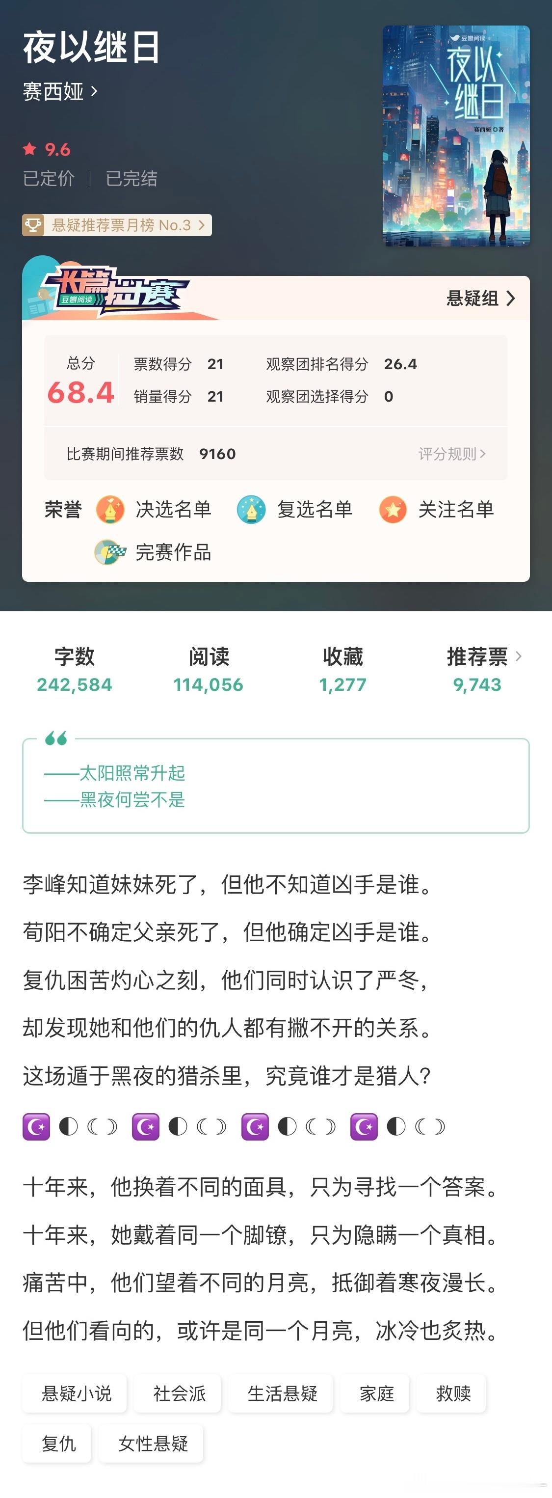 近期豆瓣完结文推荐📖#这小说让我彻夜难眠# 1️⃣ 《夜以继日》悬疑救赎复仇文