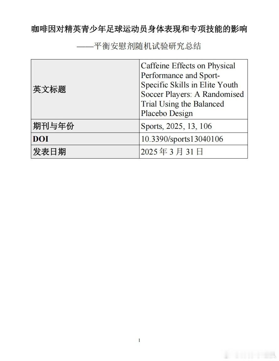 一项2025年随机、盲法、安慰剂对照试验纳入54名U15–U17精英青少年足球运