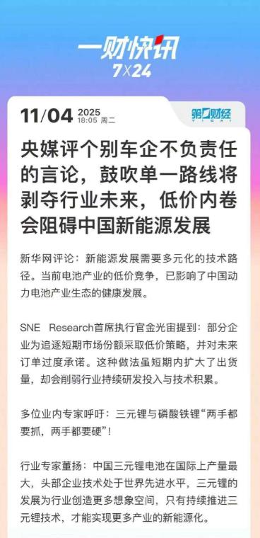 最近央媒批评新能源行业，说死磕单一路线和低价内卷会阻碍发展。三元锂和磷酸铁锂各有