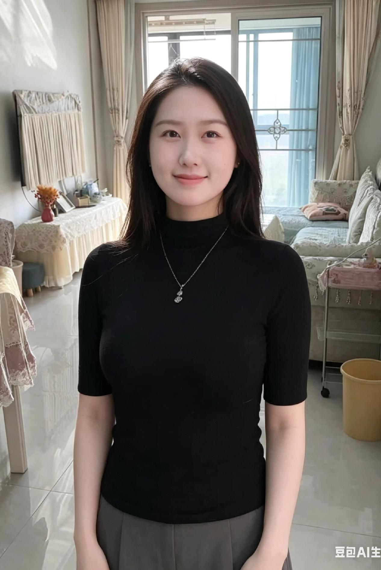 黑衫短袖，玉立如花