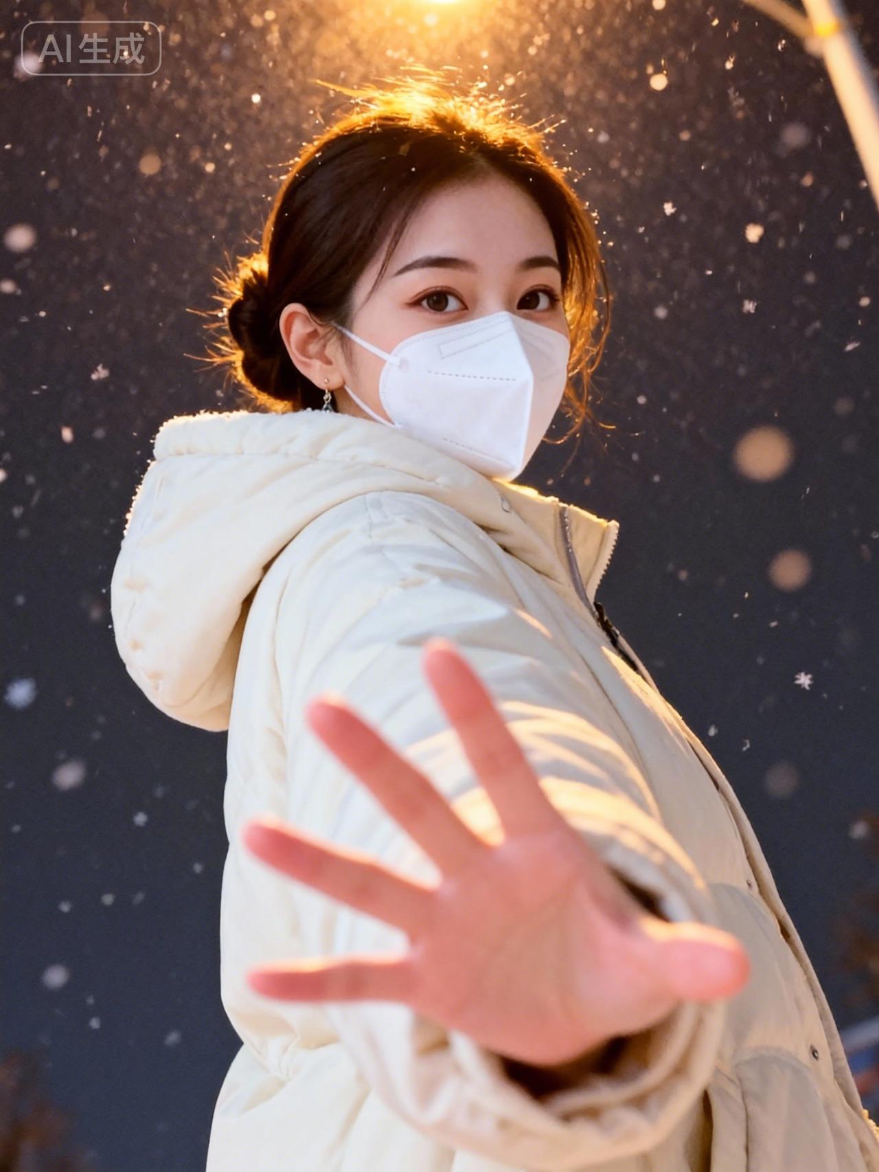 冬日暖阳下，口罩美女伸出手，迎接飘落的雪花。