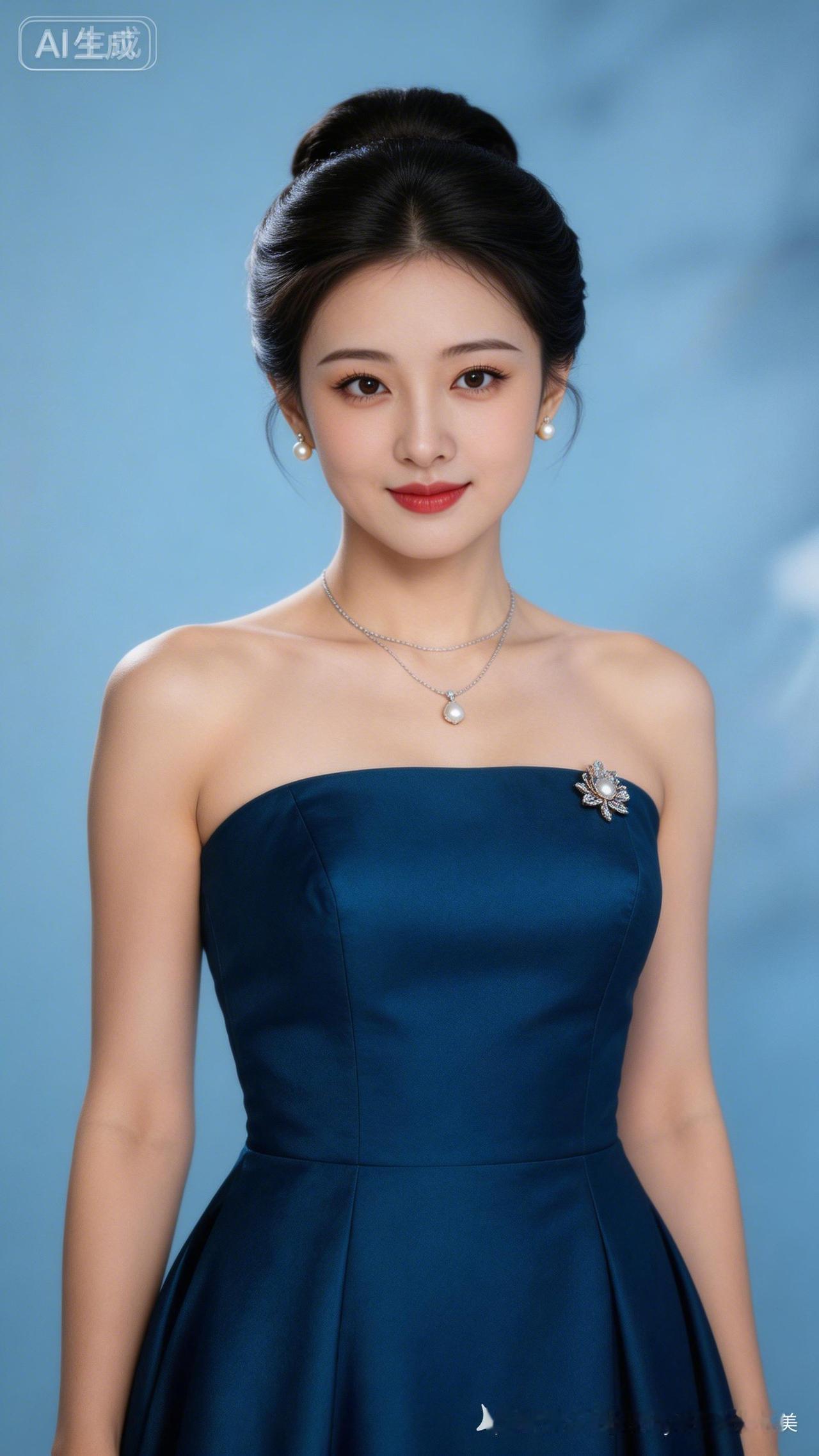 中年绝色美人气质高贵温婉，精致韩式盘发配绝美妆容，明眸长睫细节拉满。身着蓝色抹胸