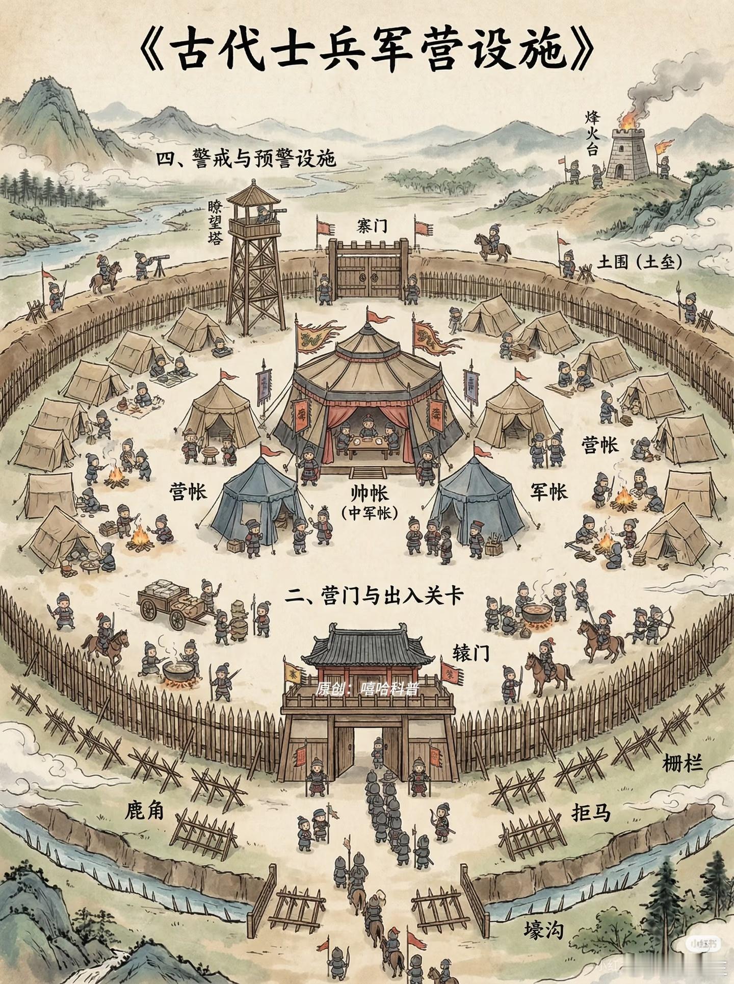 古代士兵军营设施类型一、指挥与居住营帐1．营帐普通士兵集体居住的简易帐篷，便携易